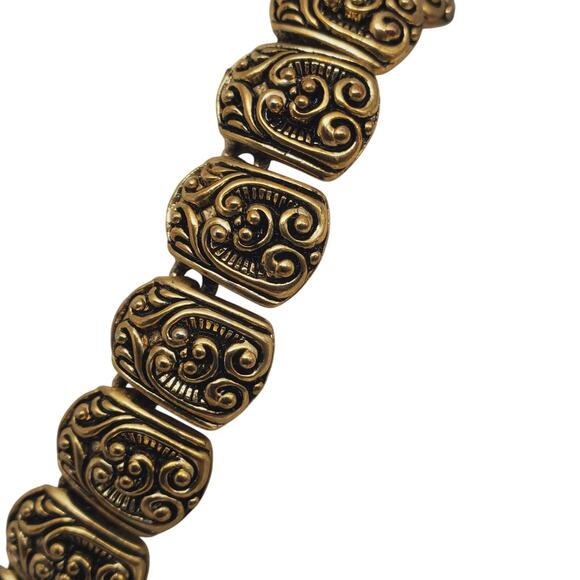 Ornate Antique Gold Tone Collar Necklace Panel Filigree Chunky Victorian Revival - Picture 4 of 9